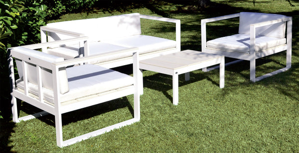 sconto Ensemble de jardin canapé fauteuils et table basse en polyrotin blanc Morel Montréal