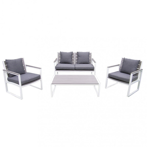 Salon de jardin canapé 2 fauteuils et table basse avec coussins en aluminium blanc prezzo
