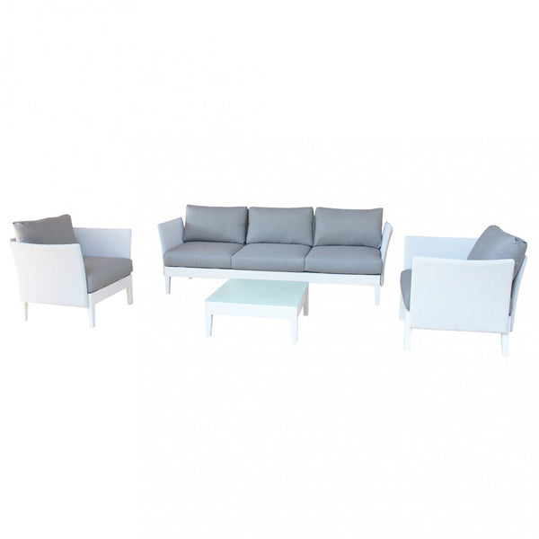 Salon de jardin canapé 2 fauteuils et table basse avec coussins en aluminium blanc sconto