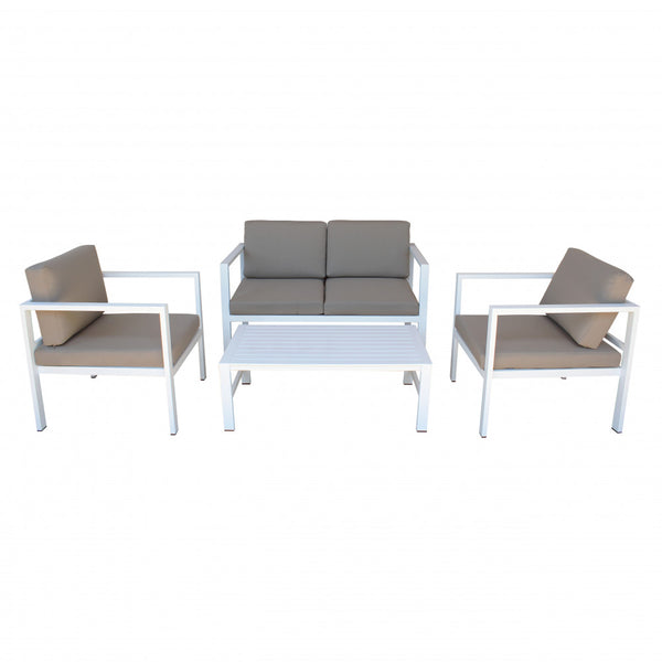 sconto Salon de jardin canapé 2 fauteuils et table basse avec coussins en aluminium blanc