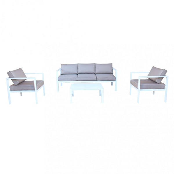 Salon de jardin canapé 2 fauteuils et table basse avec coussins en aluminium blanc acquista