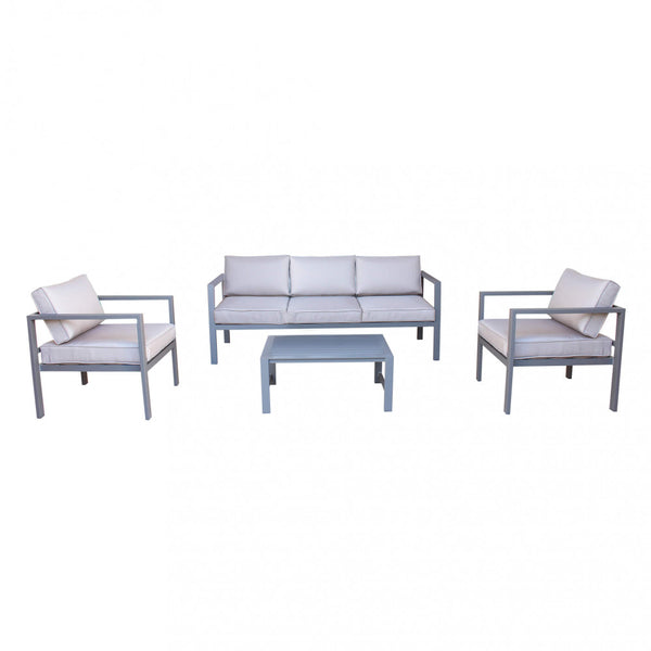 online Salon de Jardin Canapé 2 Fauteuils et Table Basse avec Coussins en Aluminium Taupe