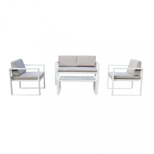 acquista Salon de jardin canapé 2 fauteuils et table basse avec coussins en aluminium blanc
