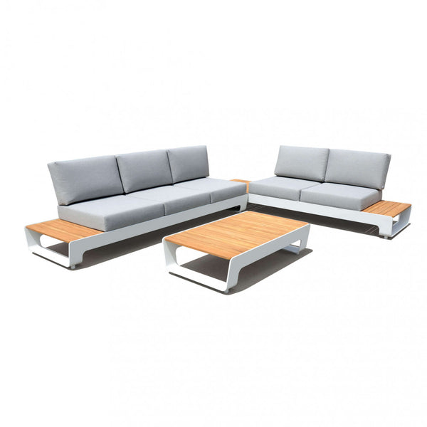 Salon de jardin canapé 2 fauteuils et table basse avec coussins en teck blanc online