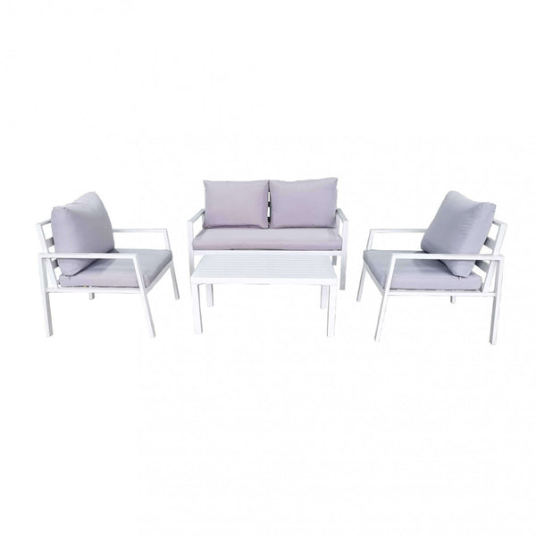 sconto Salon de jardin canapé 2 fauteuils et table basse avec coussins en aluminium blanc