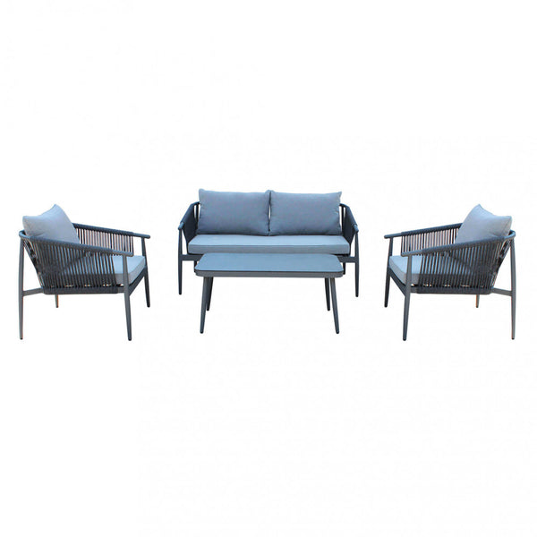 Salon de jardin canapé 2 fauteuils et table basse avec coussins en aluminium gris foncé acquista