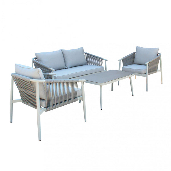 sconto Salon de jardin canapé 2 fauteuils et table basse avec coussins en aluminium gris clair