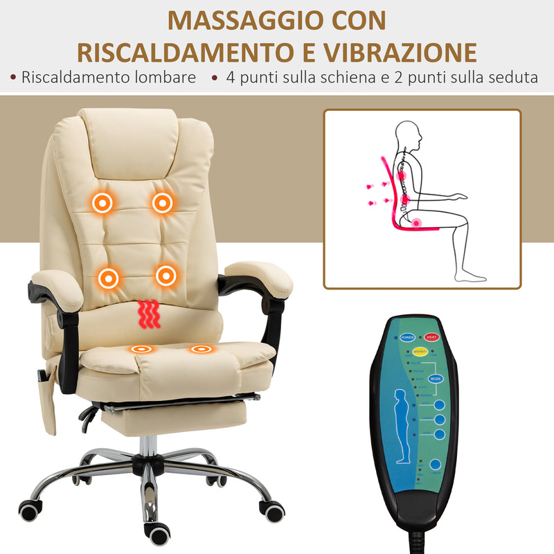 Sedia Poltrona Direzionale Massaggiante da Ufficio 65x160x104 cm in Microfibra Crema-4