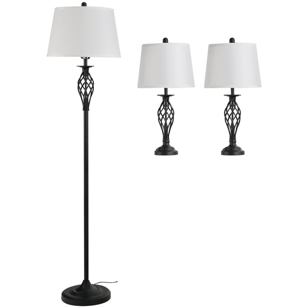 online Set de Lampadaire et 2 Lampes à Poser en Métal E27 Noir et Blanc
