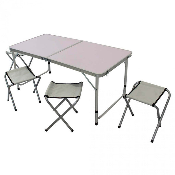 Ensemble de table pliante avec 4 tabourets de camping en aluminium blanc sconto