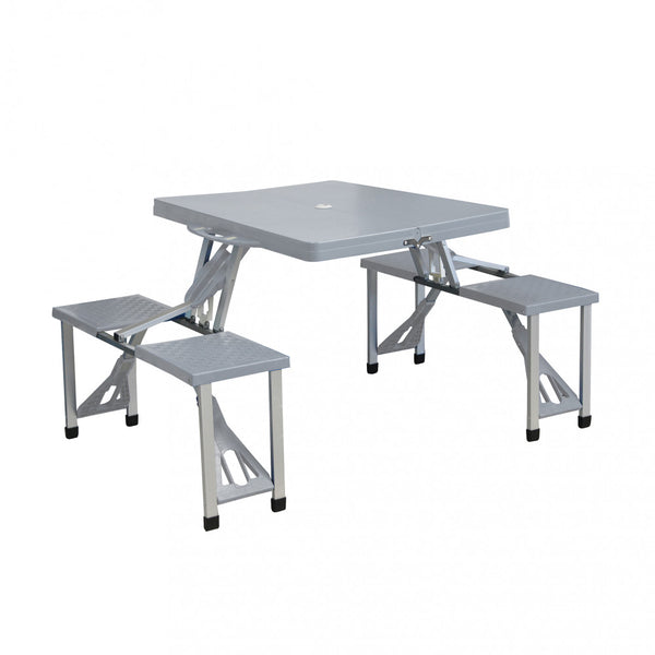Ensemble de table pliante avec 4 tabourets de camping en aluminium gris acquista
