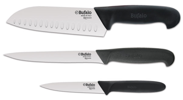 sconto Ensemble de 3 couteaux pour hacher, fileter et éplucher Buffalo Chef Kit manche noir