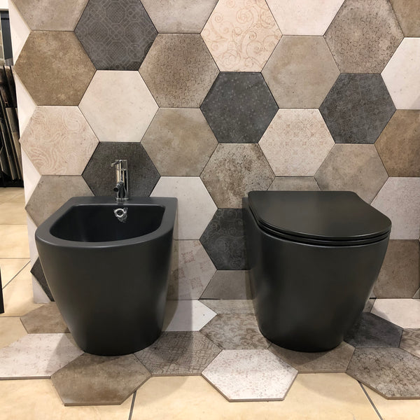 Paire de Toilettes et Bidet en Céramique Dos au Mur 56,5x36,5x41 cm Rond Noir online