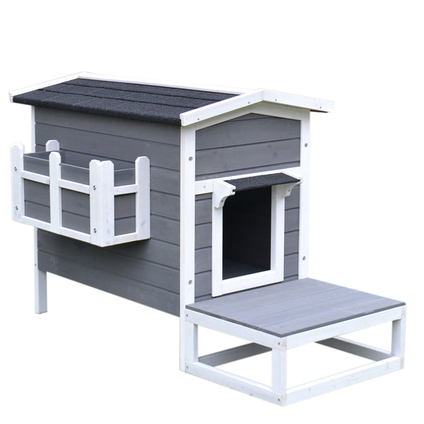 online Niche d'extérieur surélevée avec balcon et toit étanche en bois gris 83x66,5x74,7 cm