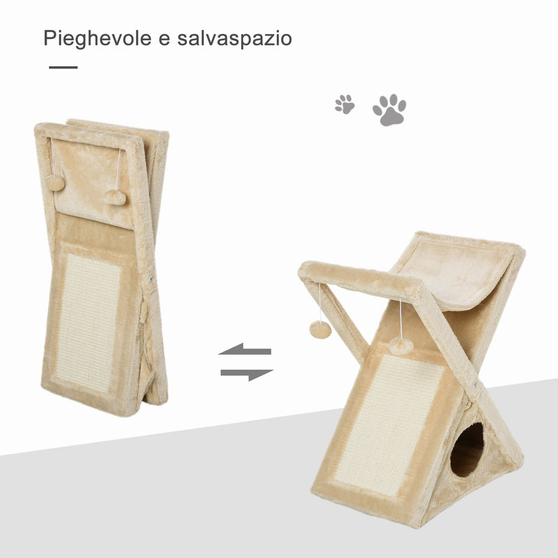 Tiragraffi per Gatti Pieghevole 54,5x32x65 cm con Casetta in Peluche Giallo-4