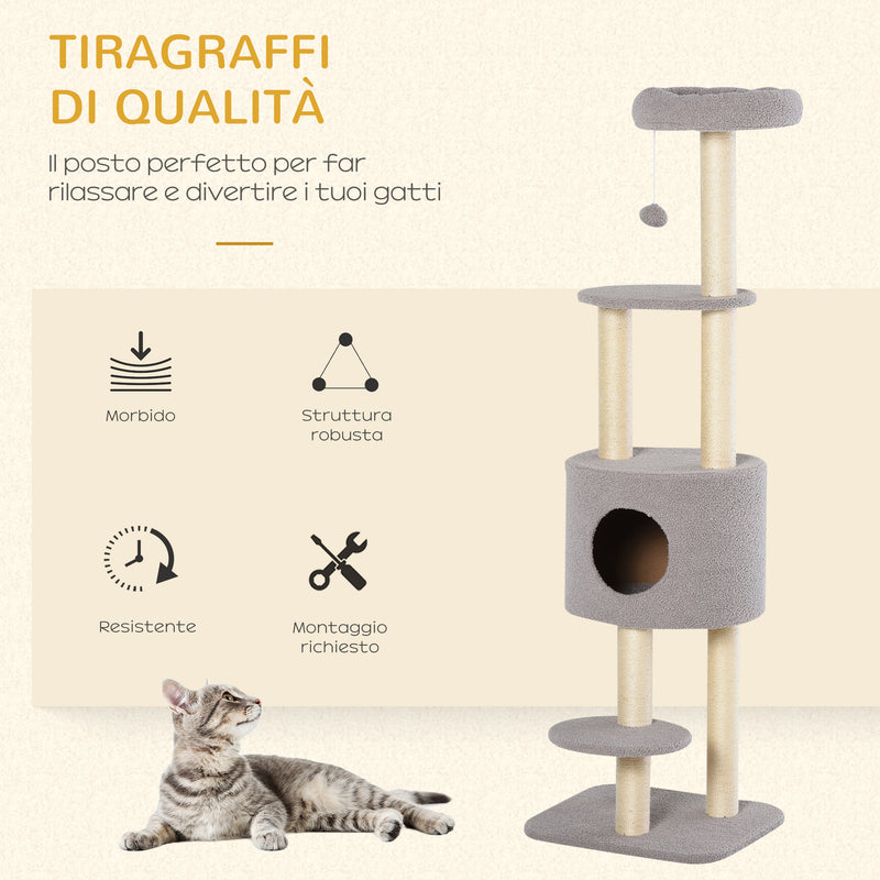 Tiragraffi con Cuccia per Gatti in Legno Sisal 45x40x148 cm  Grigio e Beige-4
