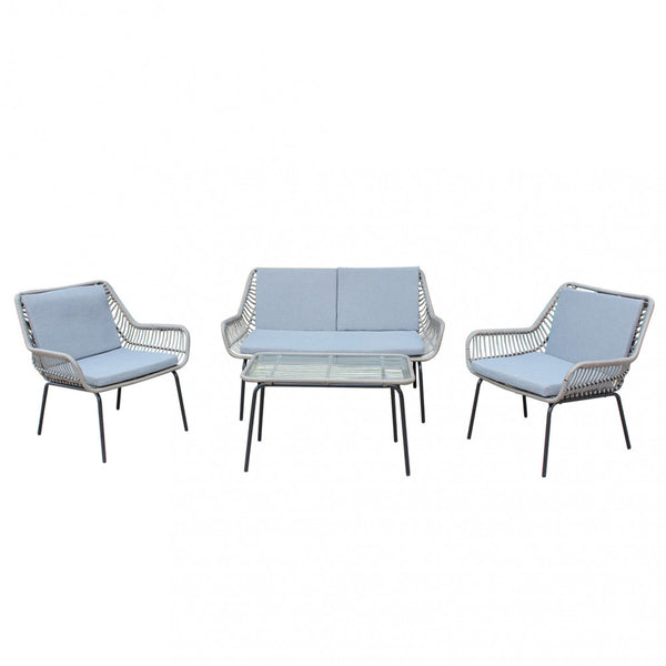 Salon de jardin canapé 2 fauteuils et table basse avec coussins en acier gris online