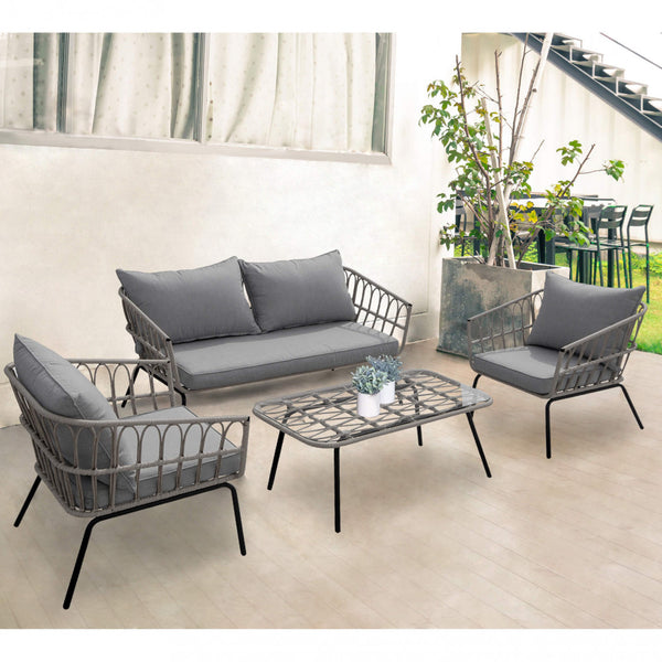 Salon de jardin canapé 2 fauteuils et table basse avec coussins en acier gris prezzo