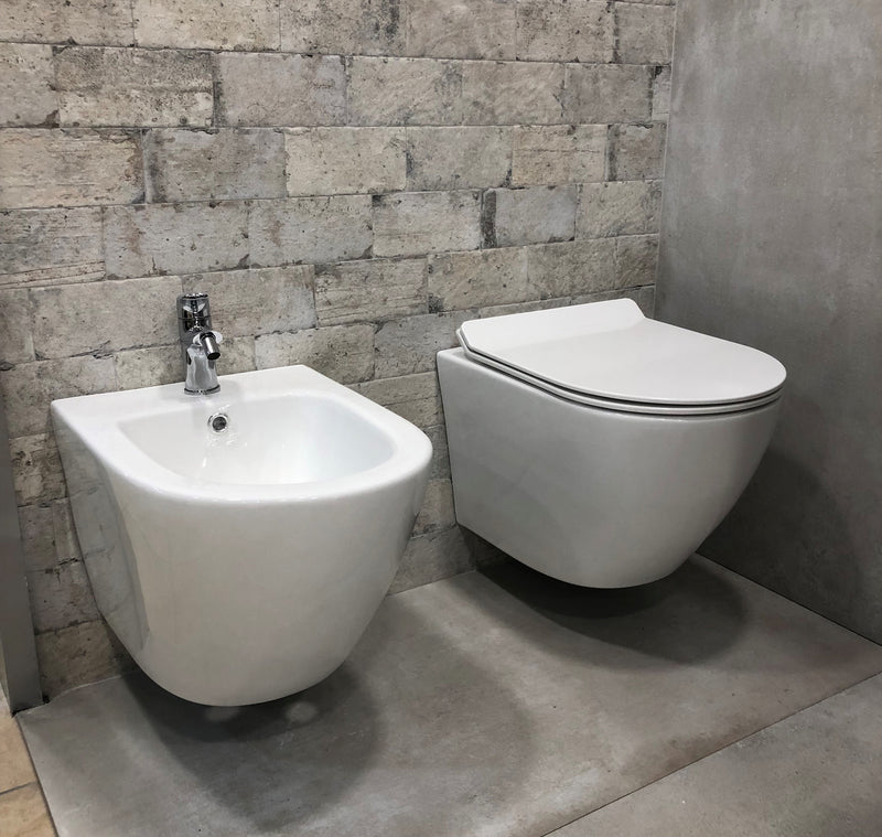 Coppia di Sanitari WC e Bidet Sospesi in Ceramica 48.5x36.5x36.5 cm Rimless Round Bianco-2