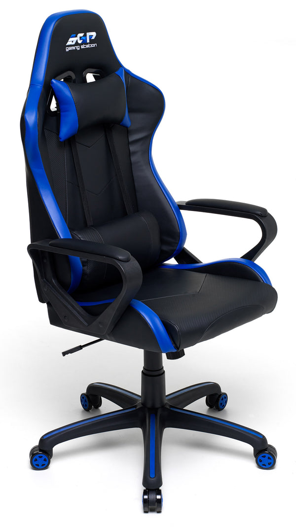 sconto Chaise Gaming Ergonomique 63x63x126 cm en Similicuir Noir et Bleu