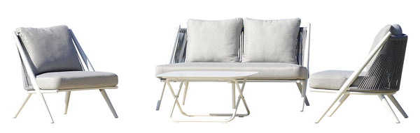 Salon de jardin canapé 2 fauteuils et table basse avec coussins gris clair acquista