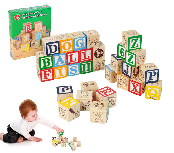 sconto Set de jeu pédagogique 30 pcs en bois cubes 3x3 cm avec animaux, lettres et chiffres