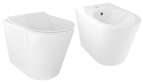 Paire de Toilettes et Bidet en Céramique Dos au Mur 36,5x54,5x39,5 cm Oceano Bonussi Blanc Brillant sconto