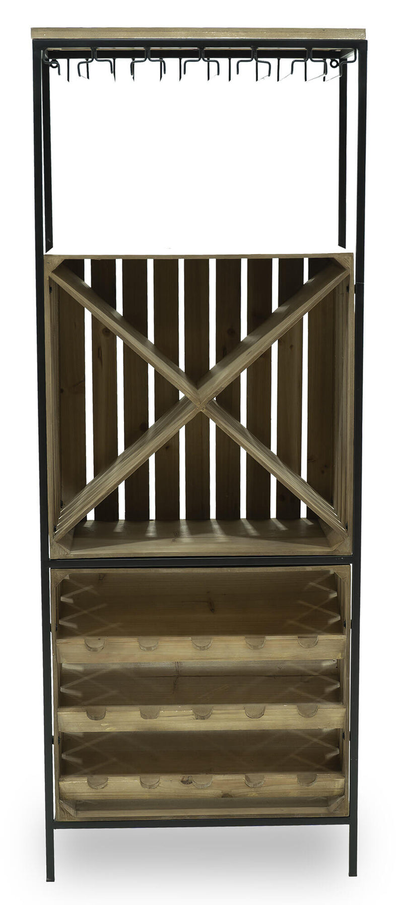 Cantinetta Portabottiglie 60x30x160 cm con Portabicchieri in Ferro e Legno Rex Nera-2