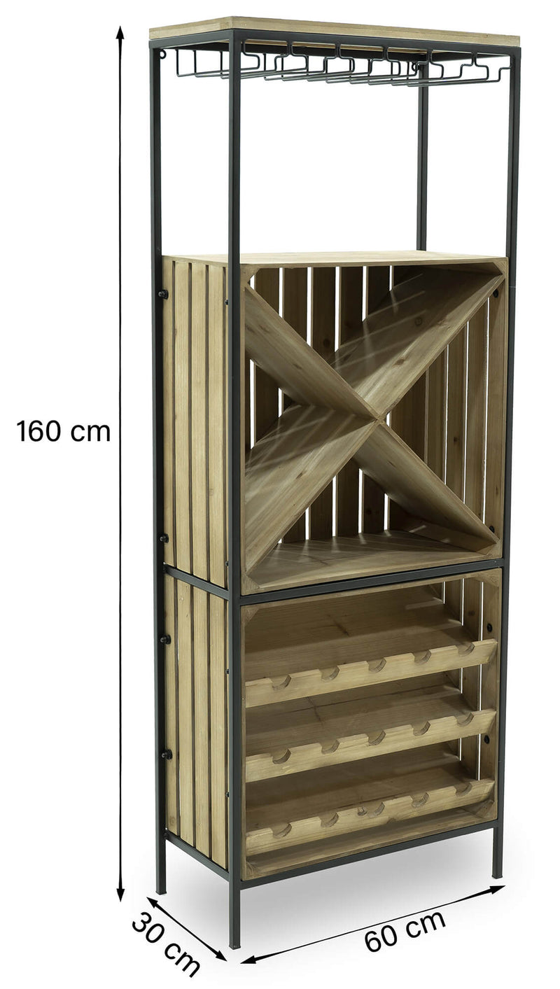 Cantinetta Portabottiglie 60x30x160 cm con Portabicchieri in Ferro e Legno Rex Nera-5