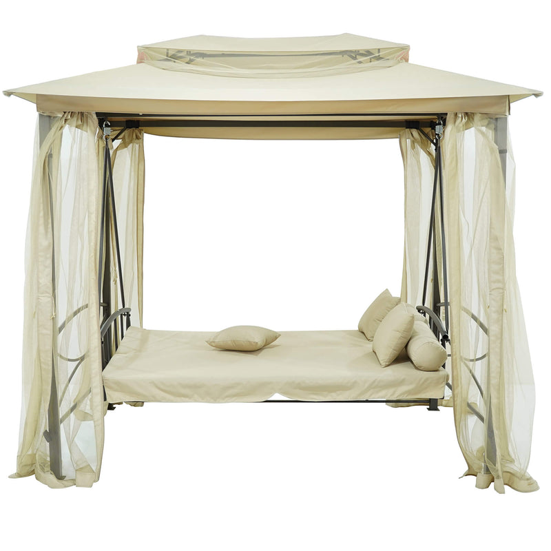 Dondolo Letto 3 Posti 255x175x250 cm con Copertura a Gazebo e Zanzariera Beige-5