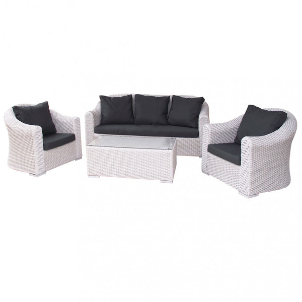 Salon de jardin canapé 2 fauteuils et table basse avec coussins en osier blanc acquista
