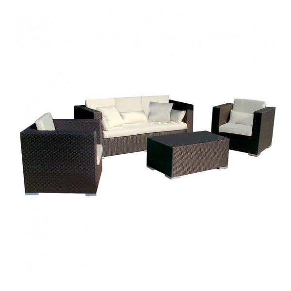 Salon de jardin canapé 2 fauteuils et table basse avec coussins en osier marron sconto