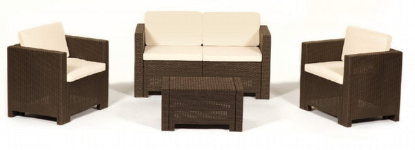 Salon de jardin canapé 2 fauteuils et table basse avec coussins en polypropylène marron sconto