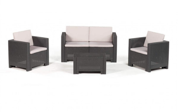 Salon de jardin canapé 2 fauteuils et table basse avec coussins en polypropylène noir online