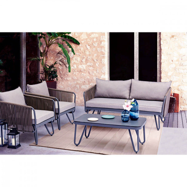 Ensemble salon de jardin canapé 2 fauteuils et table basse avec coussins en corde colombe online