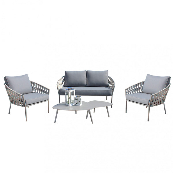 Salon de jardin canapé 2 fauteuils et table basse avec coussins en aluminium marron online