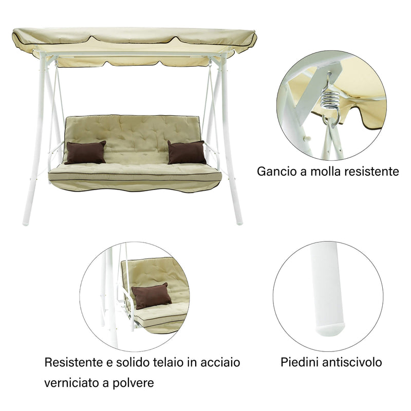 Dondolo Letto 3 Posti 202x115x170 cm in Acciaio e Poliestere Andromeda Ecrù-4