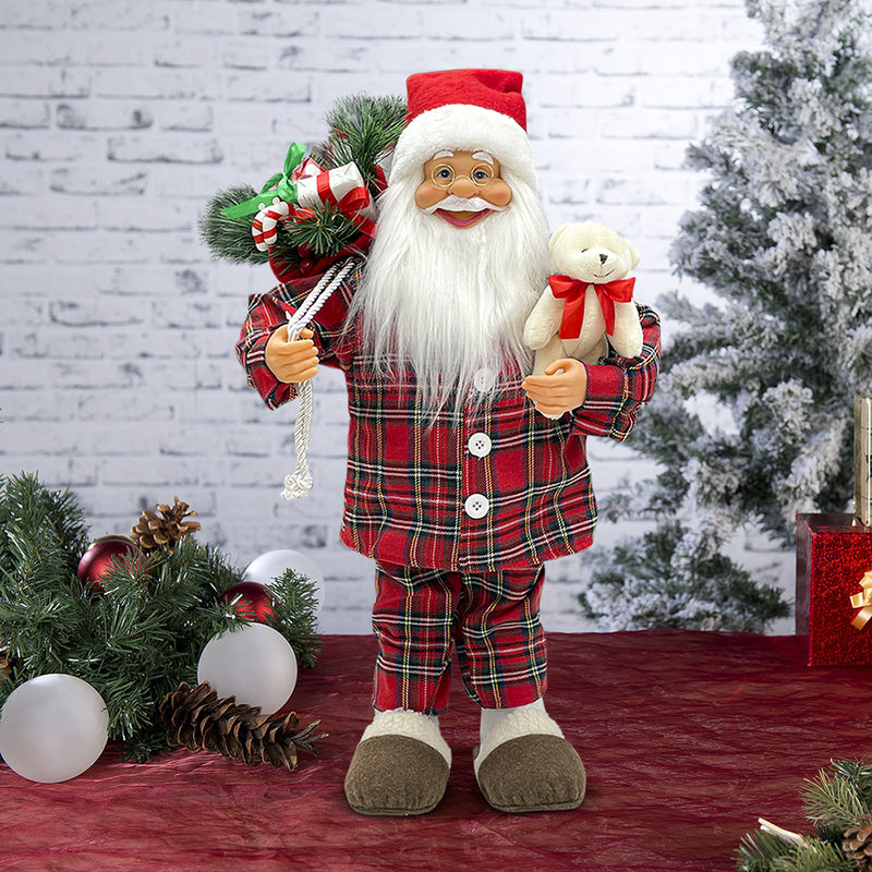 Babbo Natale Pigiama Rosso Scozzese H60 cm con Mini Lucciole e Suoni-4