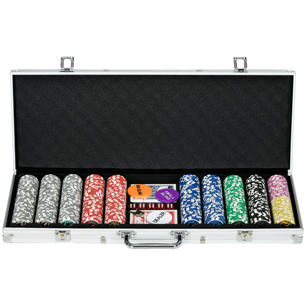 sconto Set Poker per 9-10 Giocatori con 500 Fiches 2 Mazzi di Carte e 5 Dadi con Valigetta in Alluminio e Poliestere Argento
