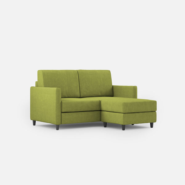 Canapé 2 places avec pouf Karay 138x155x85 cm en tissu vert sconto