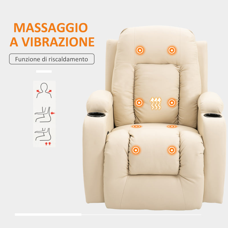 Poltrona Relax Massaggiante a 8 Punti 85x94x104 cm Reclinabile con Telecomando in Similpelle Beige-4