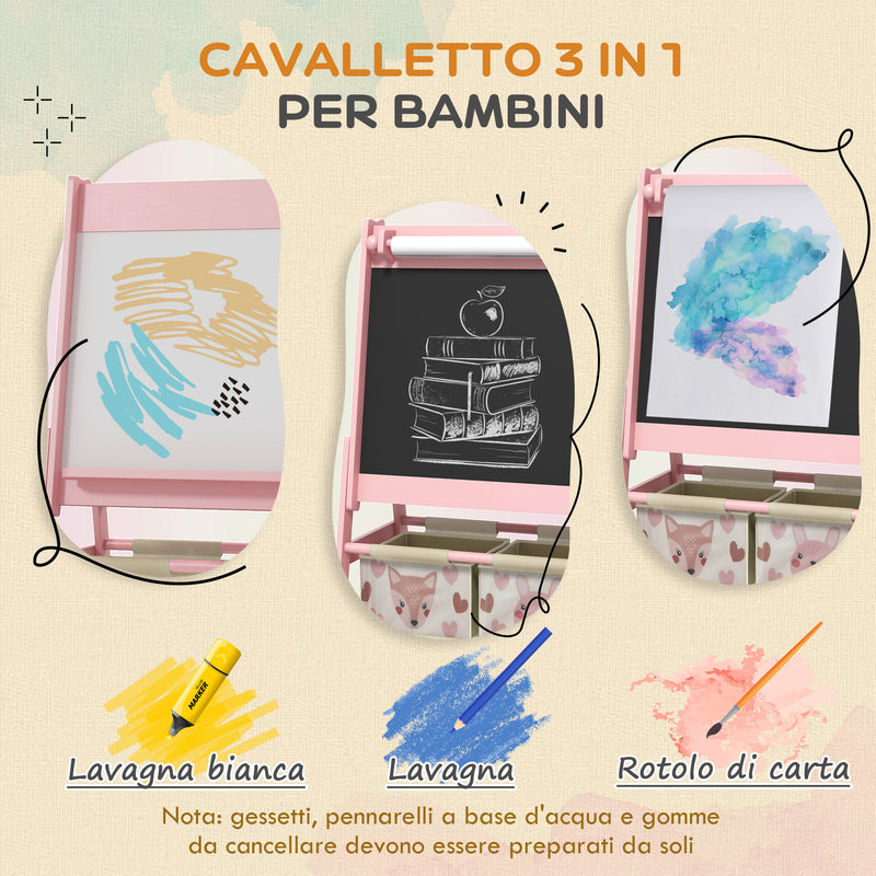 Lavagna per Bambini 3 in 1 54x46,5x93 cm con Cavalletto Rosa-4
