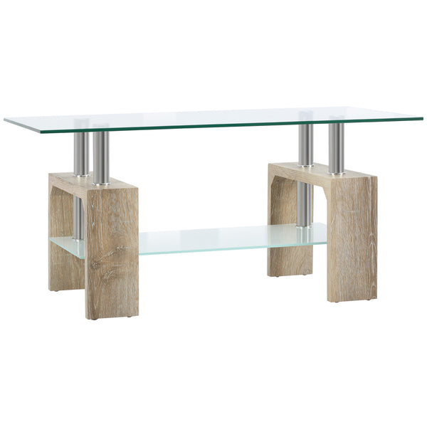 prezzo Table Basse 2 Niveaux 90x50x42 cm en Verre et Bois Naturel