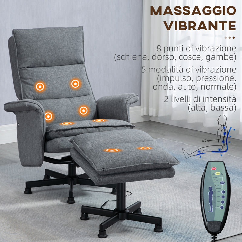 Poltrona Relax Massaggiante con Pouf e Telecomando in Tessuto Effetto Lino Grigio-4