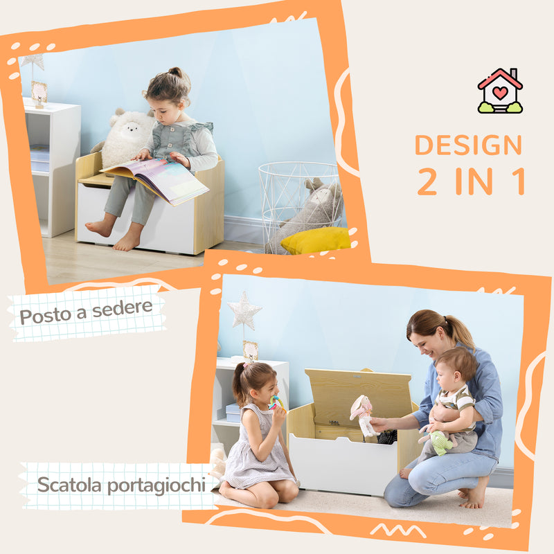 Panca Contenitore Portagiochi per Bambini 62,5x34x61,5 cm in Legno Bianco-4