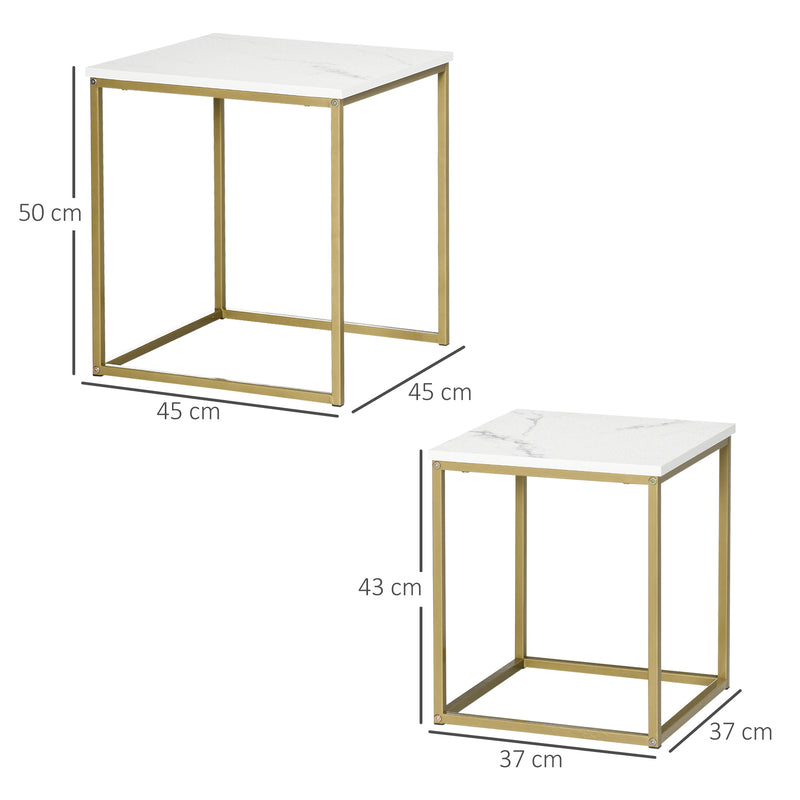 Set 2 Tavolini Impilabili con Piano Quadrato in Acciaio e Truciolato Bianco e Oro-3