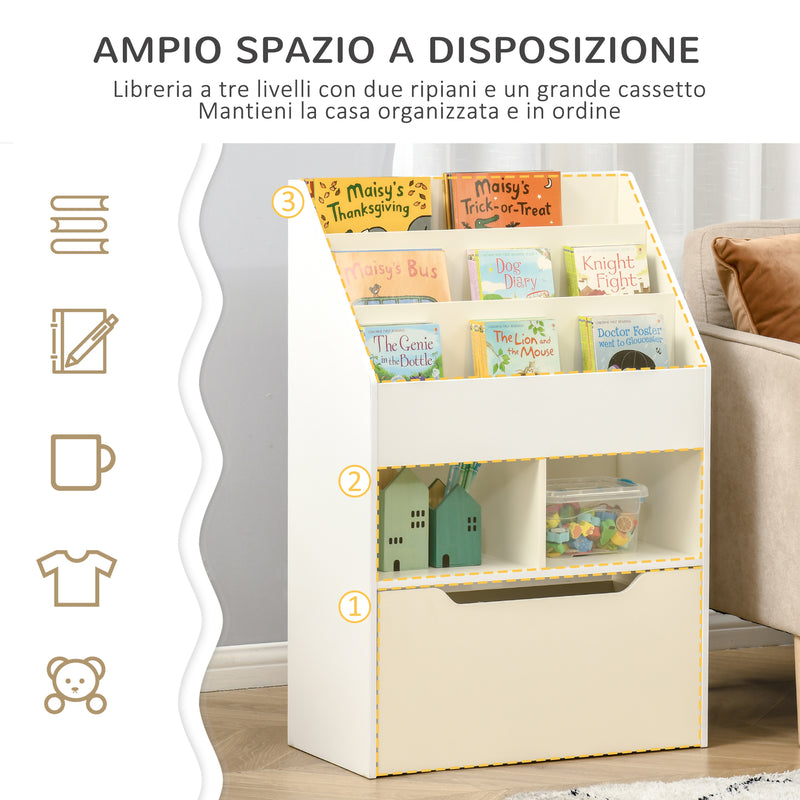 Libreria per Bambini 60x29,9x90 cm con Ripiani e 1 Cassetto in MDF Bianco-4