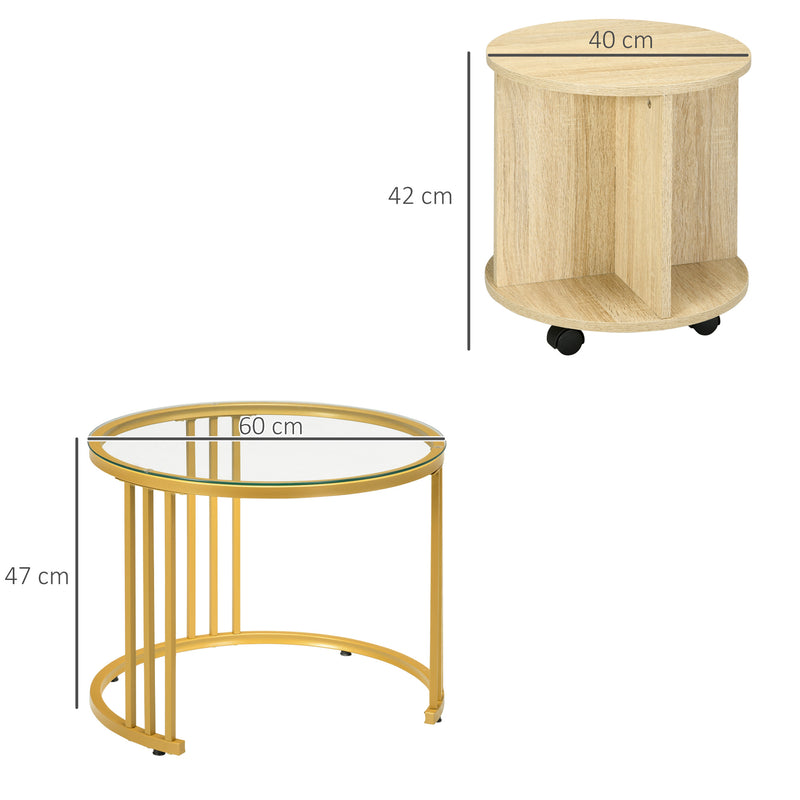 Set 2 Tavolini Impilabili Rotondi in Acciaio Vetro e Legno Truciolato Oro e Rovere-3