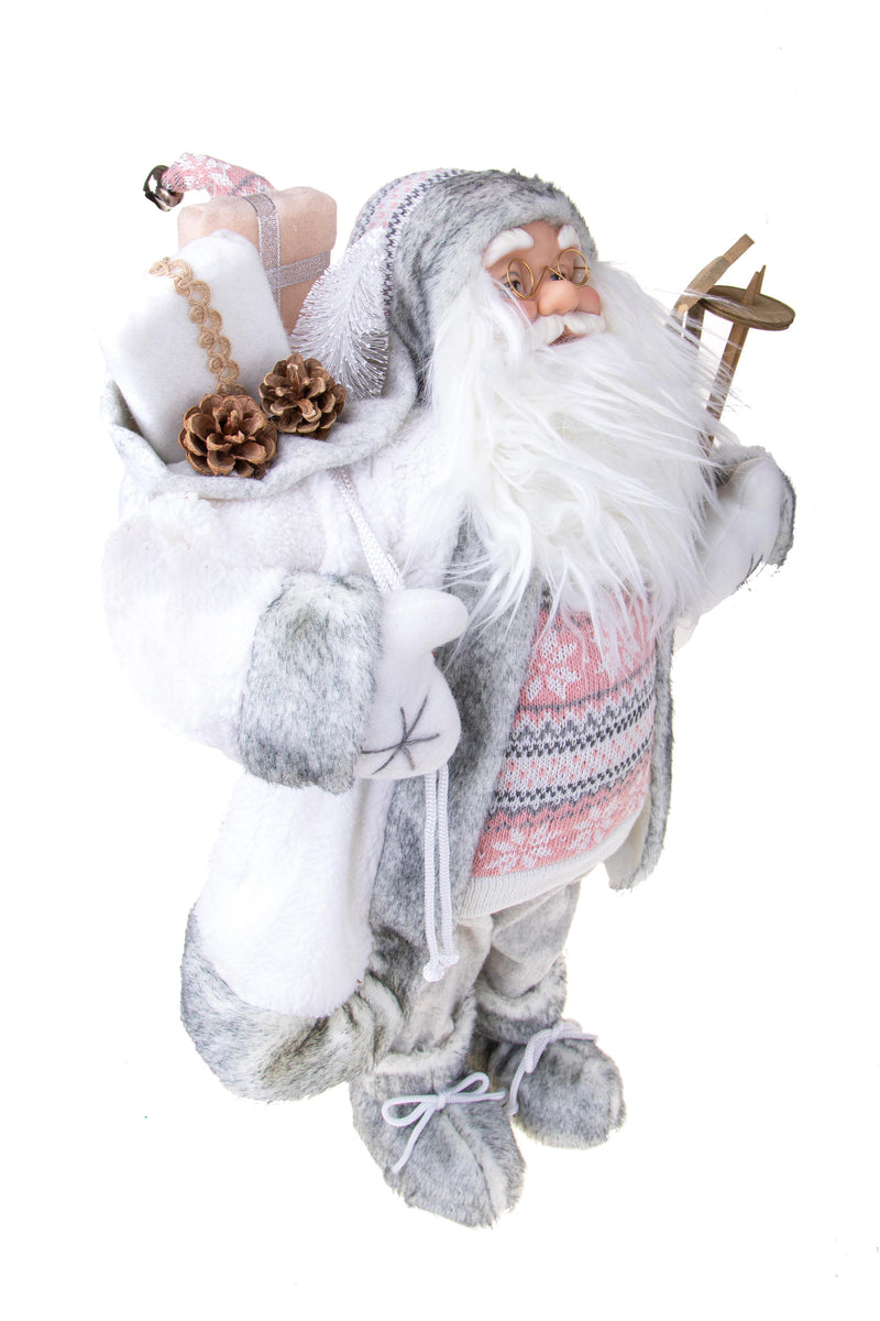 Babbo Natale con Sci H60 cm Bianco/Rosa-3